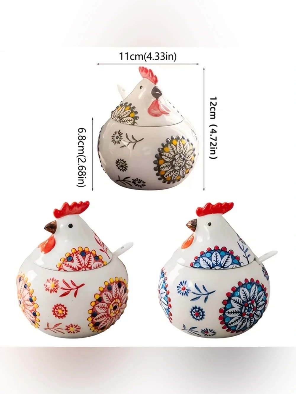 🆕 Hand-Painted Ceramic Rooster Sugar Pot with Spoon - Green Blue & Red